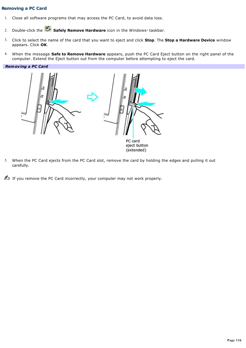 Removing a pc card | Sony PCV-V310P User Manual | Page 116 / 209