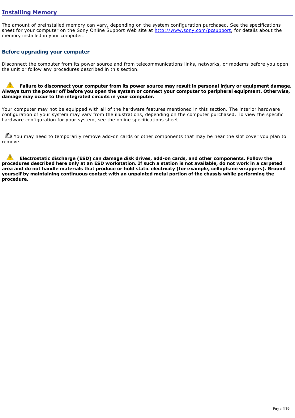 Installing memory | Sony PCV-V310P User Manual | Page 119 / 209