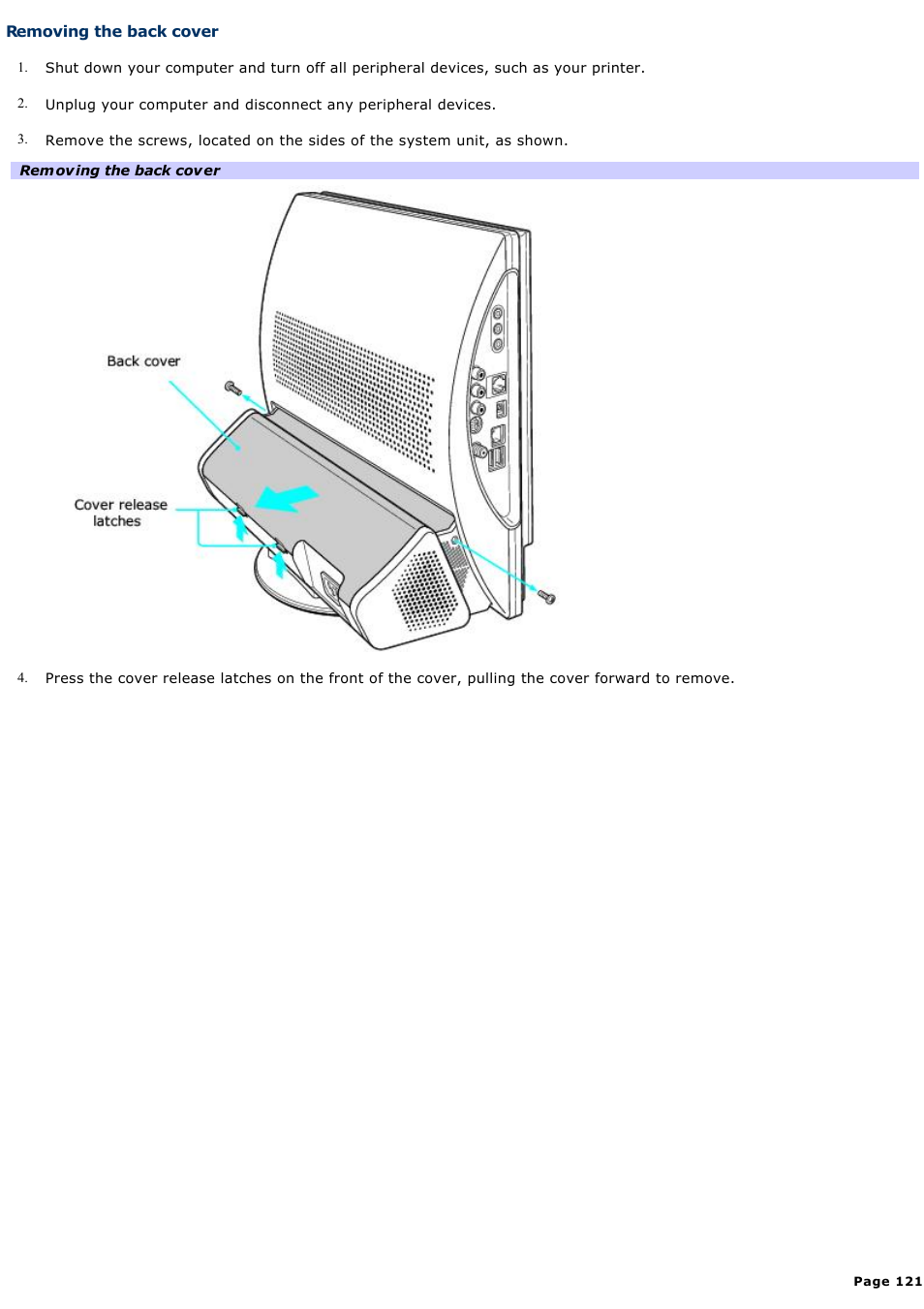 Removing the back cover | Sony PCV-V310P User Manual | Page 121 / 209