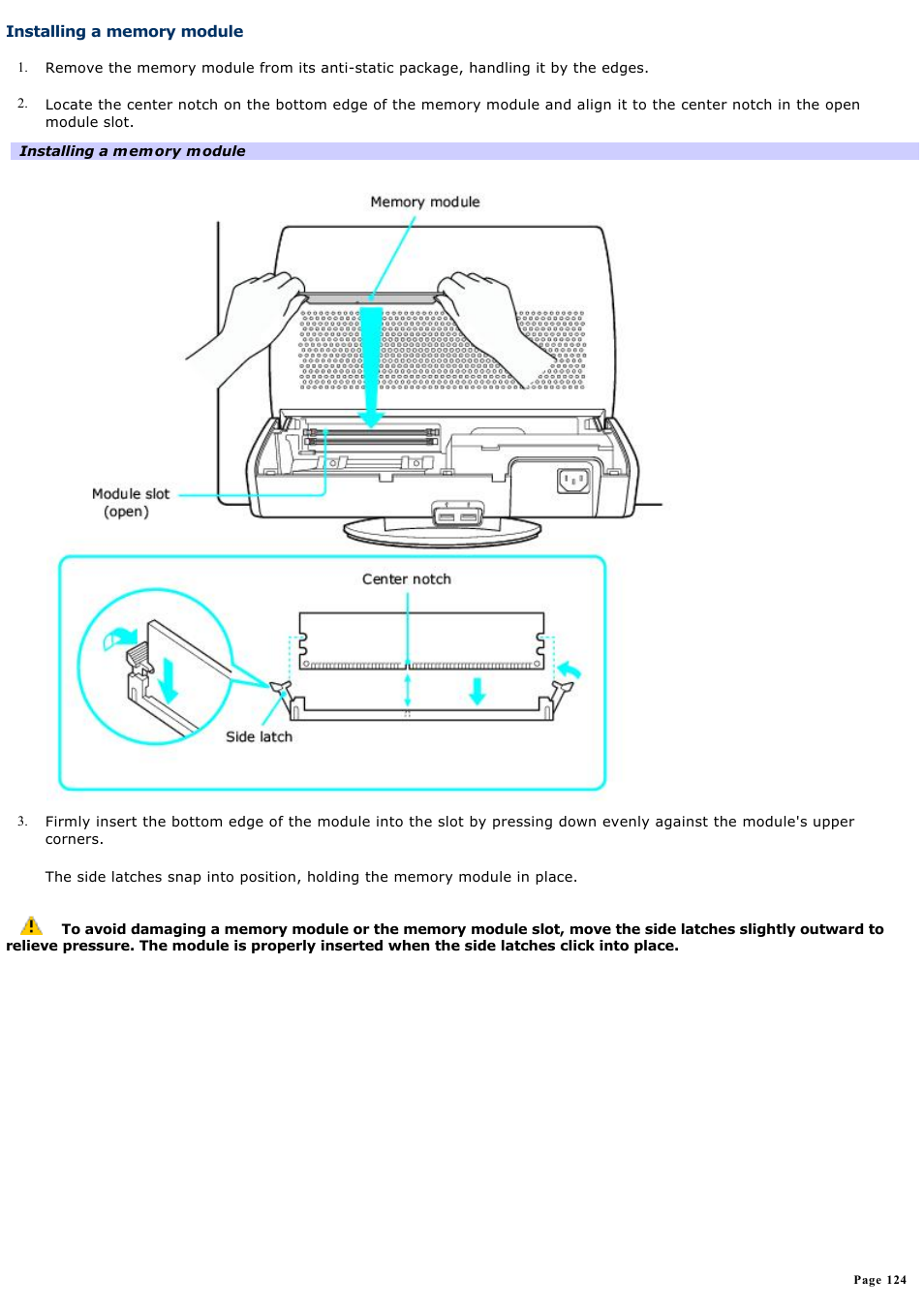 Installing a memory module | Sony PCV-V310P User Manual | Page 124 / 209