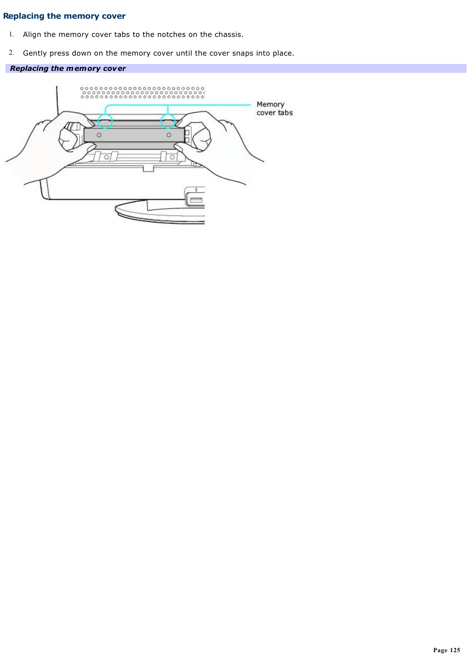 Replacing the memory cover | Sony PCV-V310P User Manual | Page 125 / 209