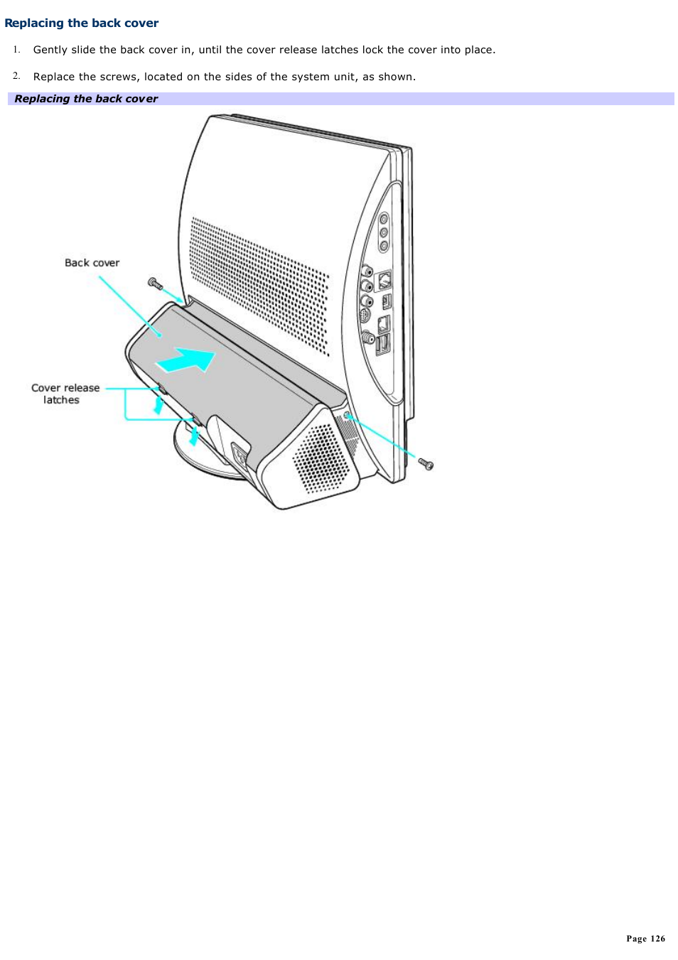 Replacing the back cover | Sony PCV-V310P User Manual | Page 126 / 209