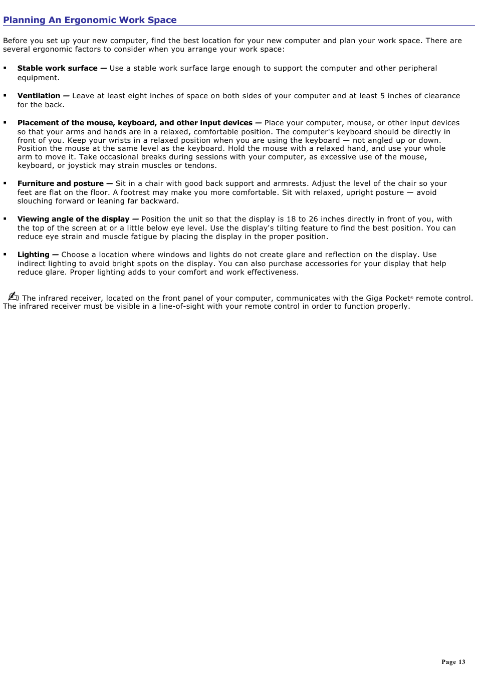 Planning an ergonomic work space | Sony PCV-V310P User Manual | Page 13 / 209