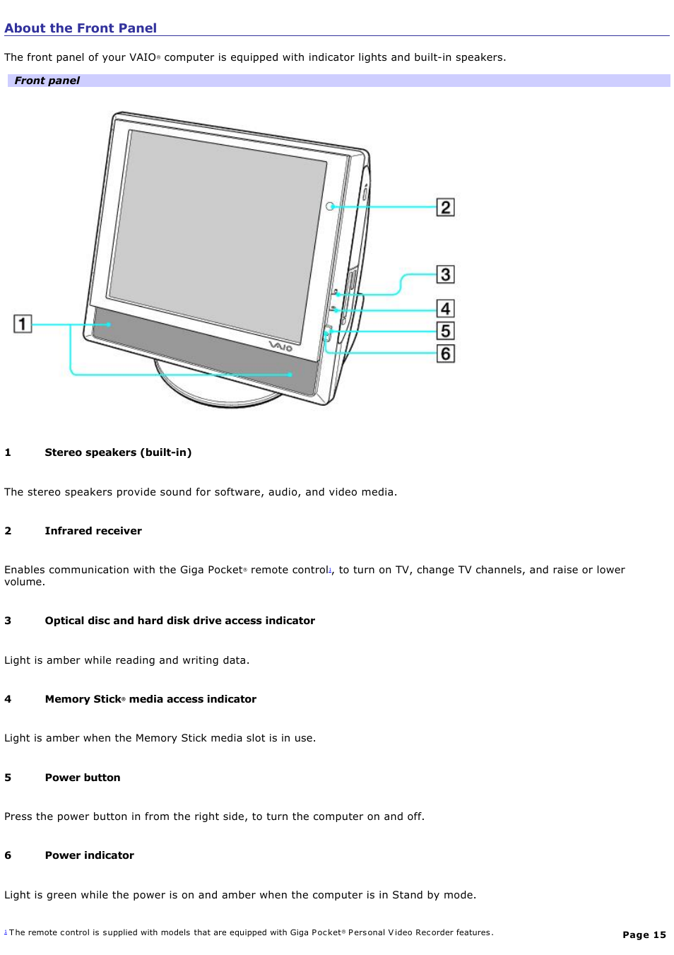 About the front panel | Sony PCV-V310P User Manual | Page 15 / 209