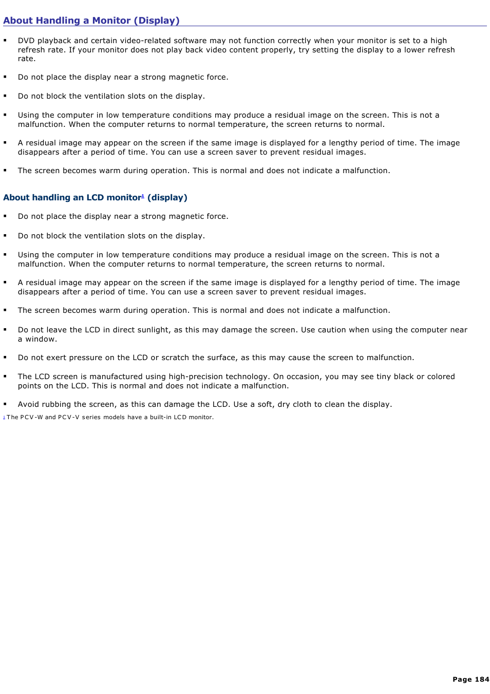 About handling a monitor (display) | Sony PCV-V310P User Manual | Page 184 / 209