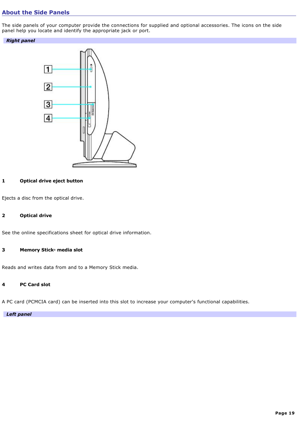 About the side panels | Sony PCV-V310P User Manual | Page 19 / 209