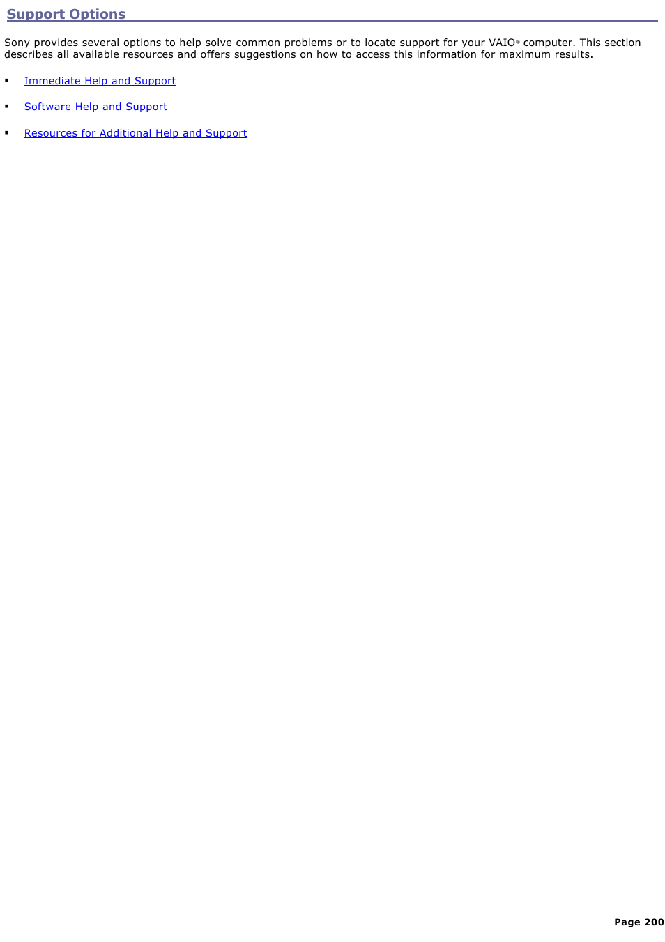 Support options | Sony PCV-V310P User Manual | Page 200 / 209