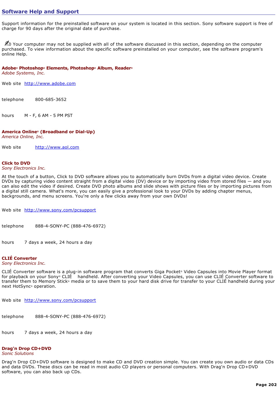 Software help and support | Sony PCV-V310P User Manual | Page 202 / 209