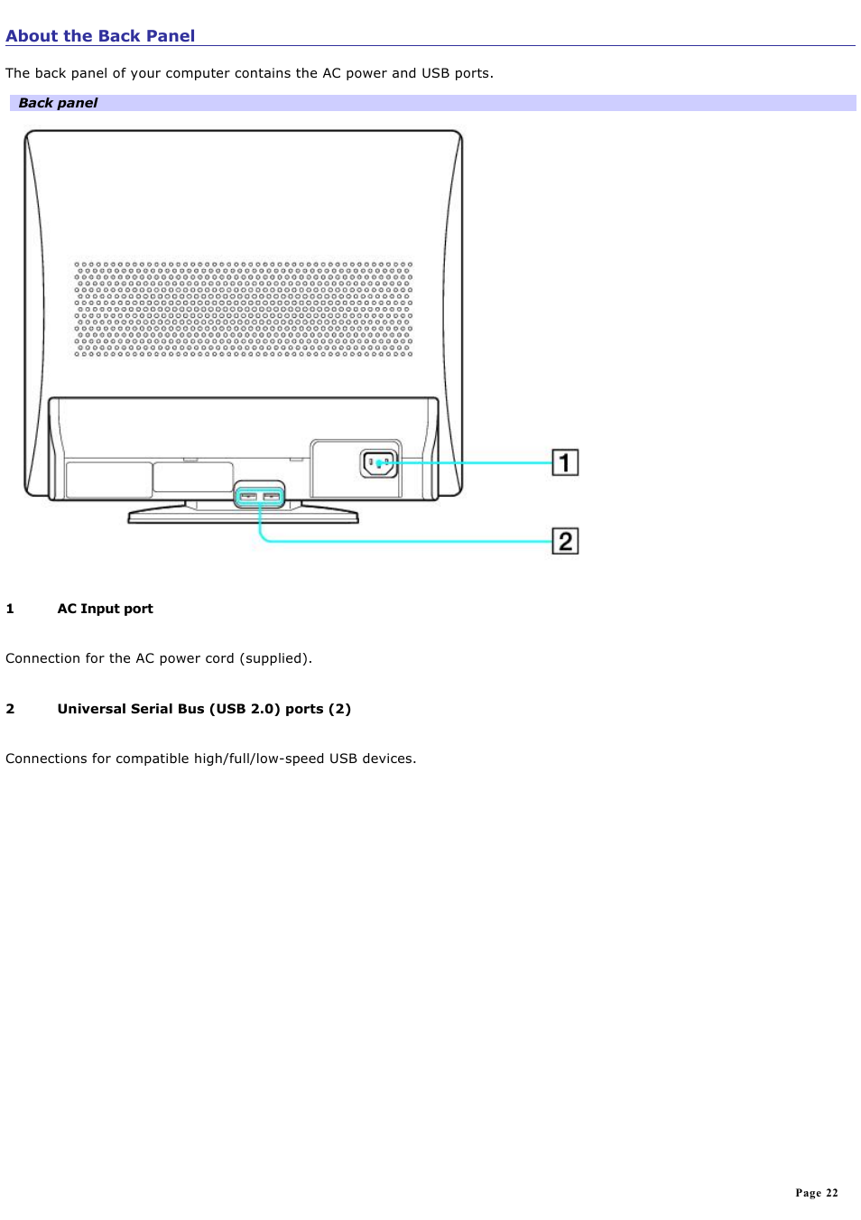 About the back panel | Sony PCV-V310P User Manual | Page 22 / 209