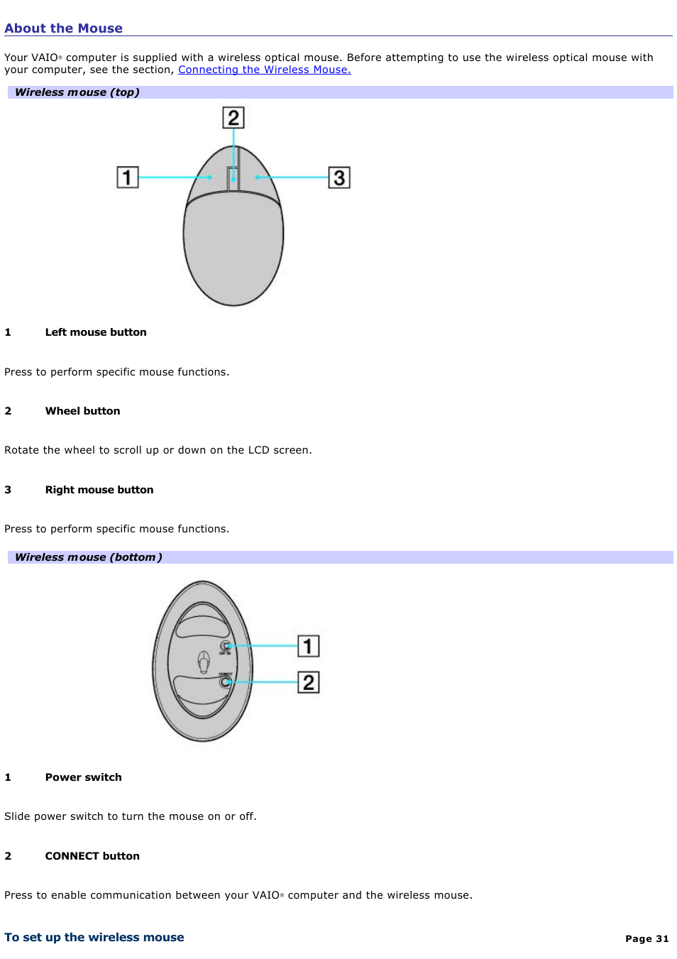 To set up the wireless mouse, About the mouse | Sony PCV-V310P User Manual | Page 31 / 209