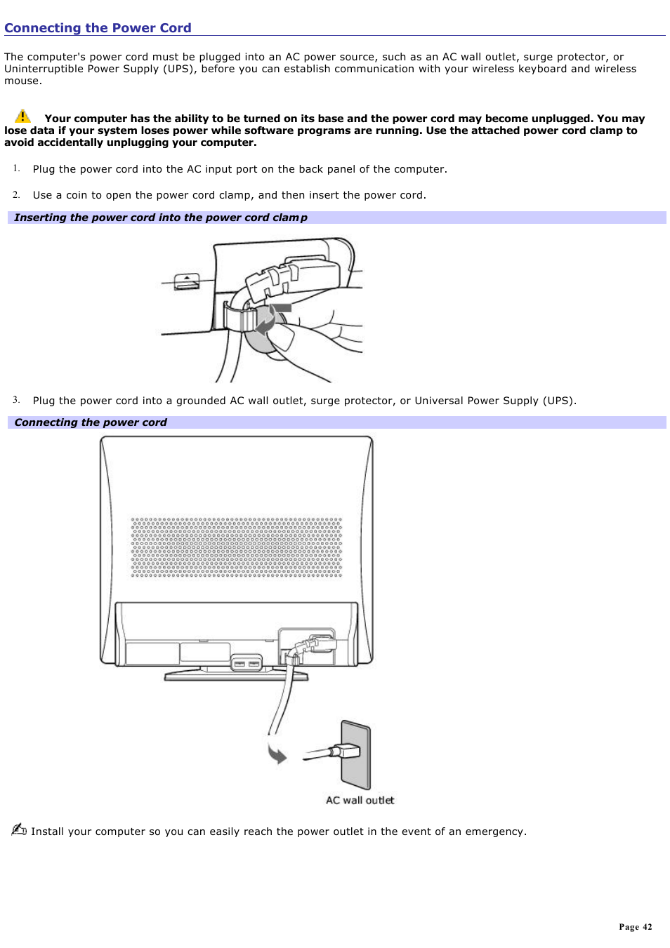 Connecting the power cord | Sony PCV-V310P User Manual | Page 42 / 209