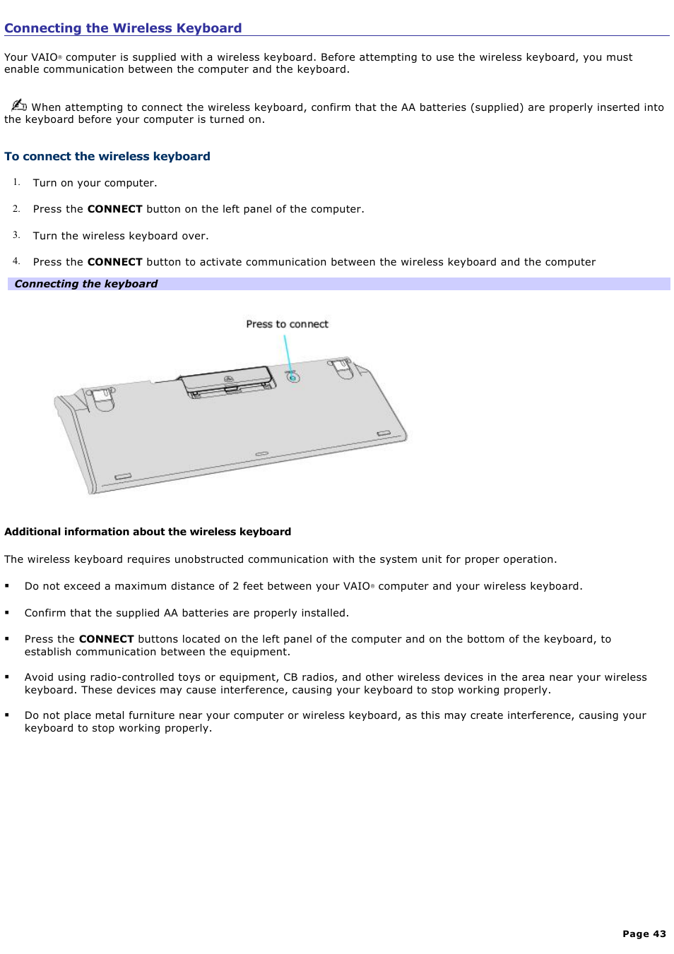 Connecting the wireless keyboard | Sony PCV-V310P User Manual | Page 43 / 209