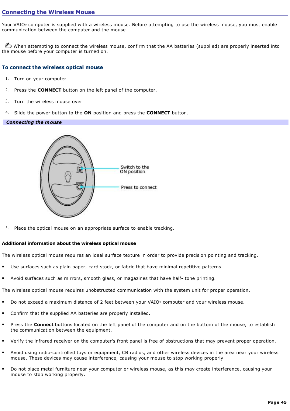 Connecting the wireless mouse | Sony PCV-V310P User Manual | Page 45 / 209