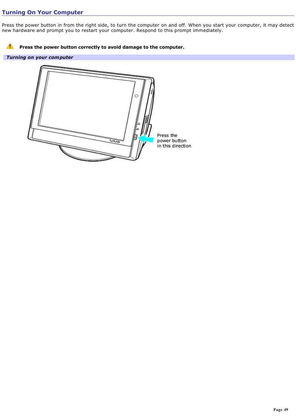 Turning on your computer | Sony PCV-V310P User Manual | Page 49 / 209