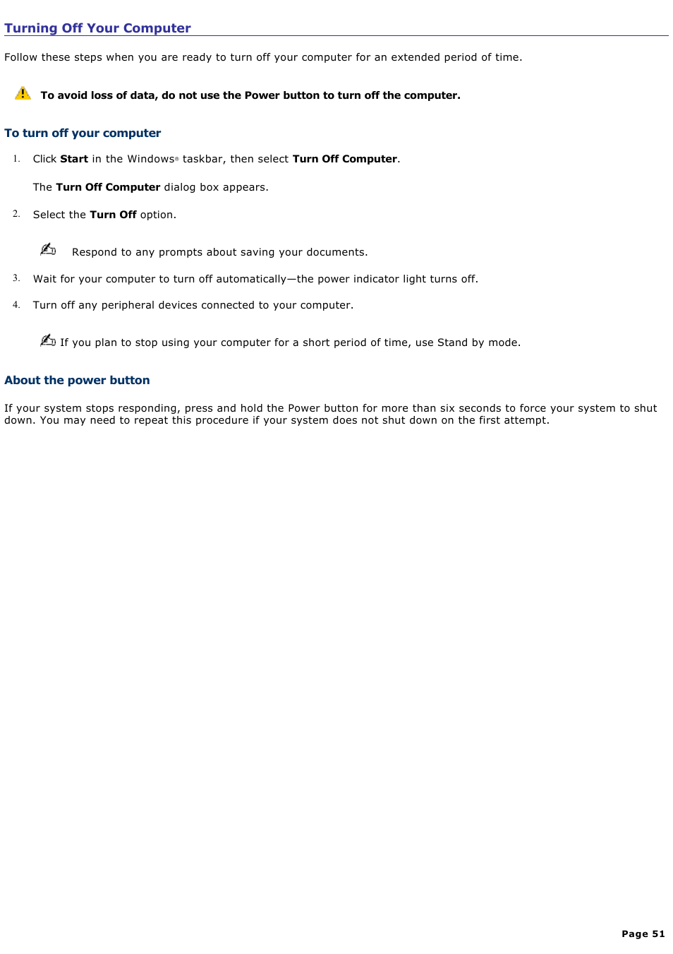 Turning off your computer | Sony PCV-V310P User Manual | Page 51 / 209