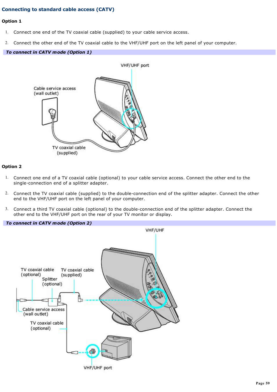 Connecting to standard cable access (catv) | Sony PCV-V310P User Manual | Page 59 / 209