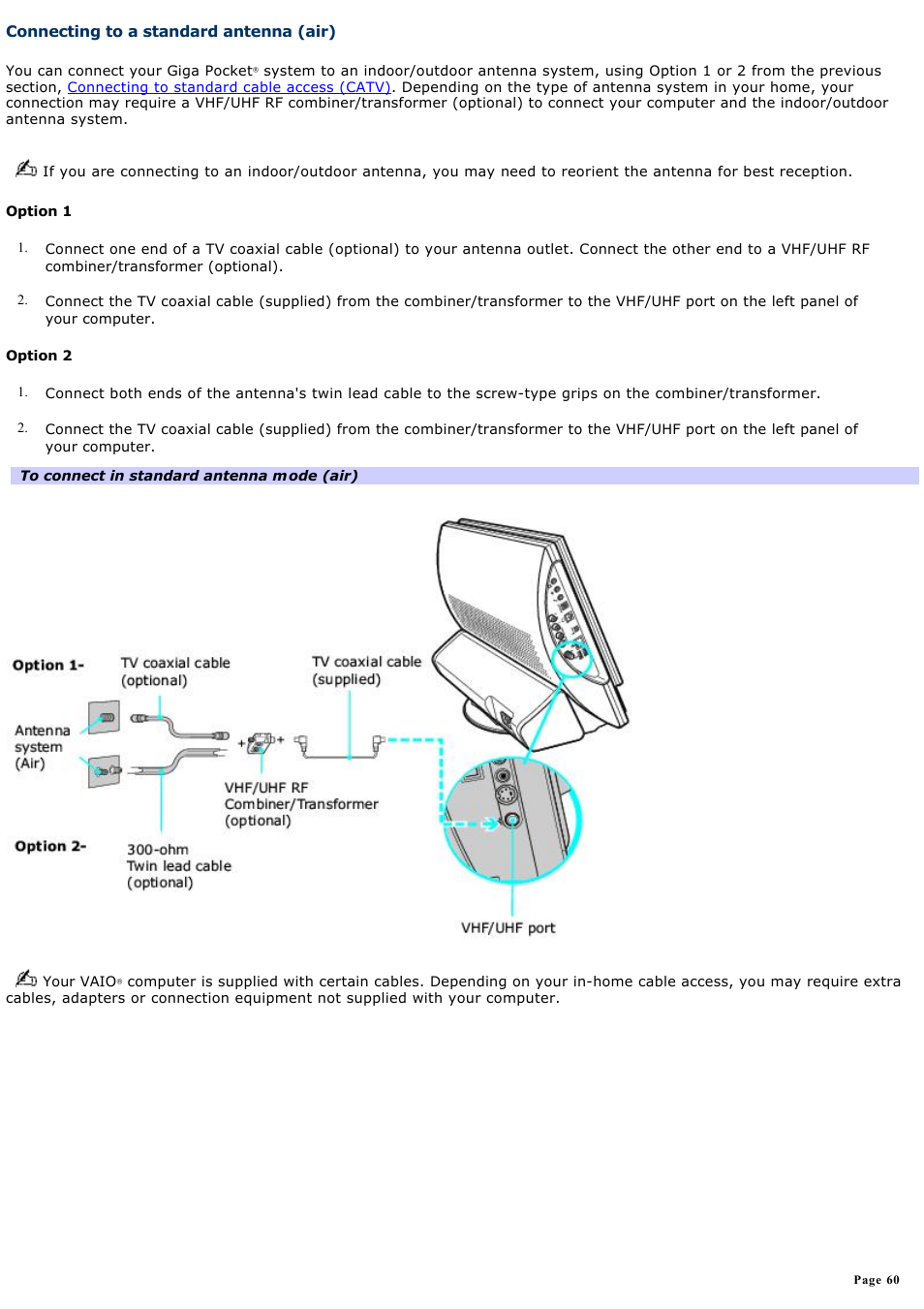 Connecting to a standard antenna (air) | Sony PCV-V310P User Manual | Page 60 / 209