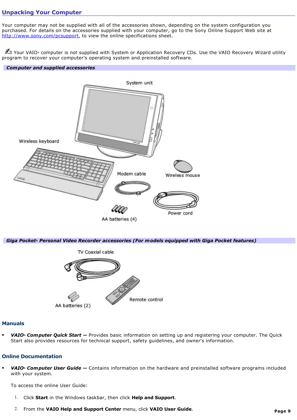 Hard disk drive recovery, Unpacking your computer | Sony PCV-V310P User Manual | Page 9 / 209