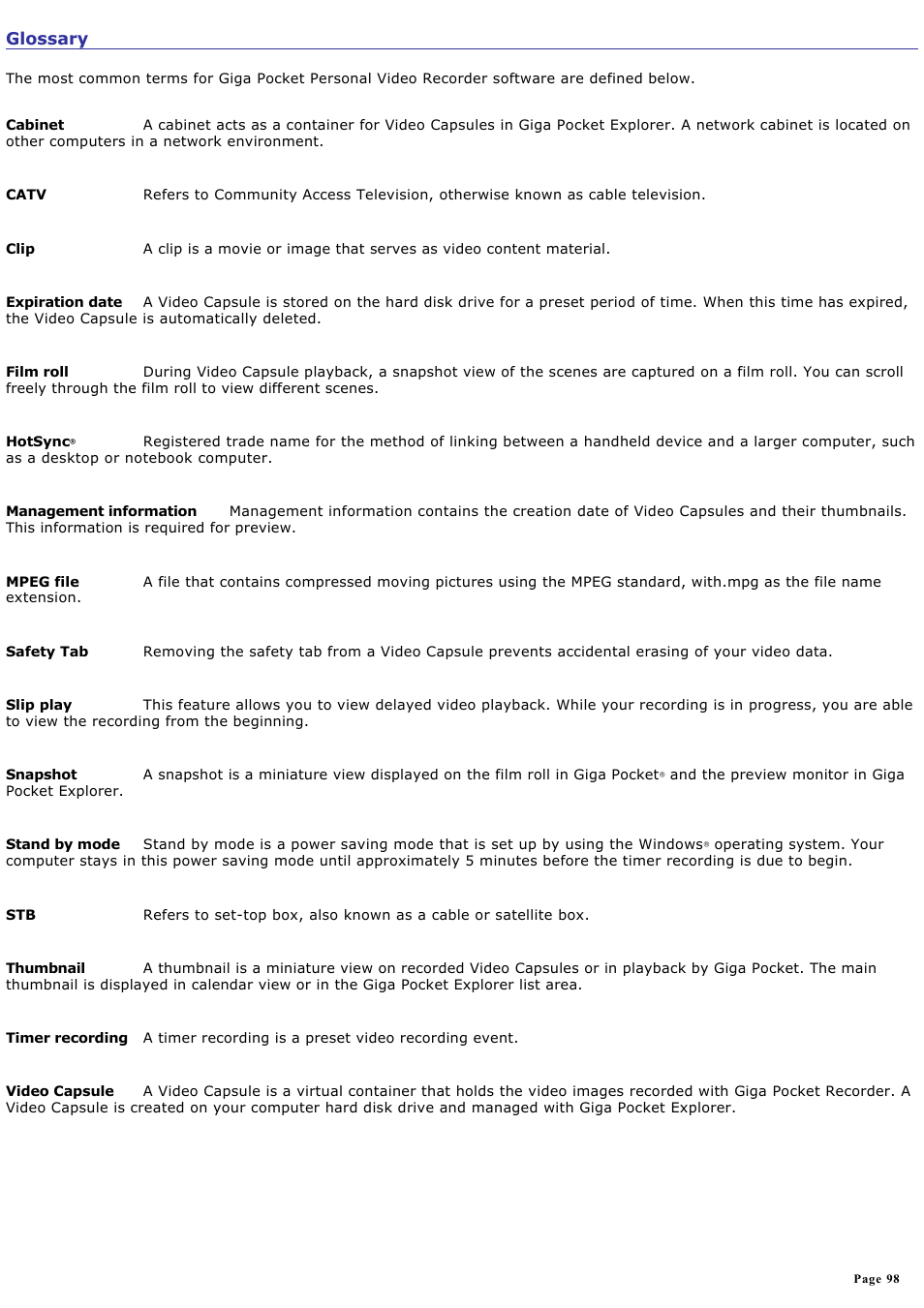 Glossary | Sony PCV-V310P User Manual | Page 98 / 209