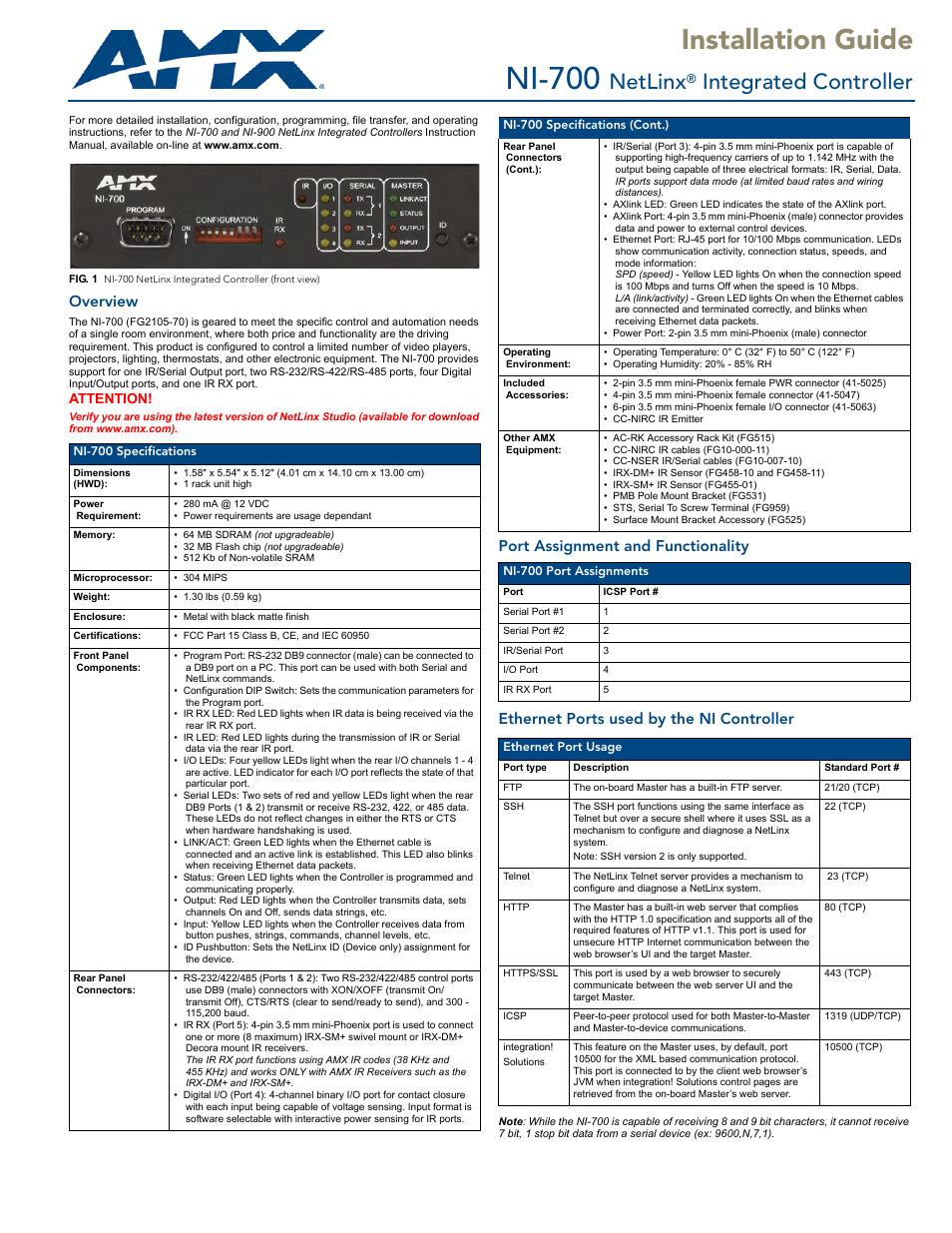 AMX NetLinx Integrated Controller NI-700 User Manual | 2 pages