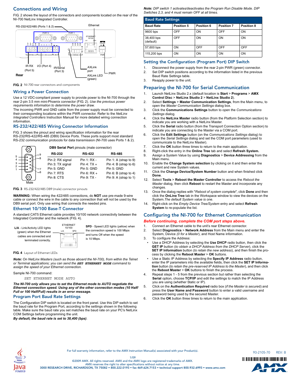 Connections and wiring, Wiring a power connection, Rs-232/422/485 wiring connector information | Ethernet 10/100 base-t connector, Program port baud rate settings, Preparing the ni-700 for serial communication, Configuring the ni-700 for ethernet communication | AMX NetLinx Integrated Controller NI-700 User Manual | Page 2 / 2