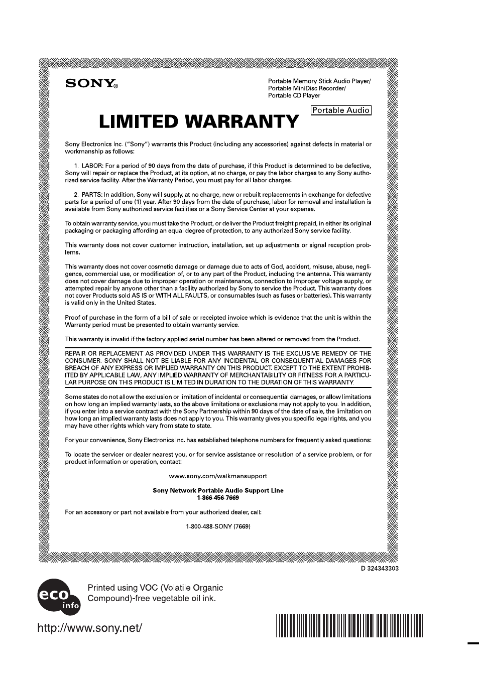 This warranty is valid only in the united states | Sony MZ-N420D User Manual | Page 56 / 56