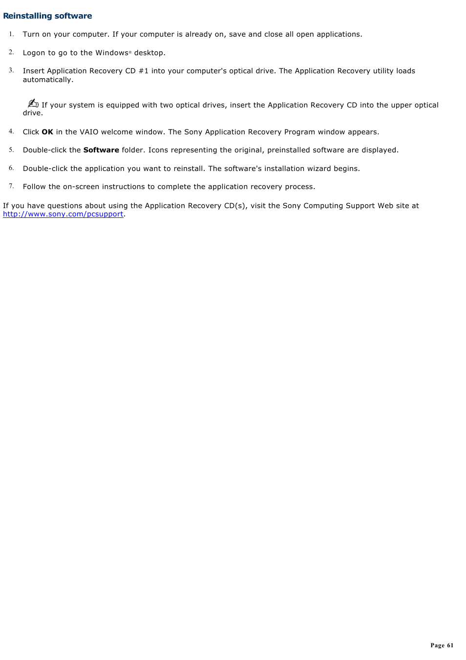 Reinstalling software | Sony PCV-RX991 User Manual | Page 61 / 87