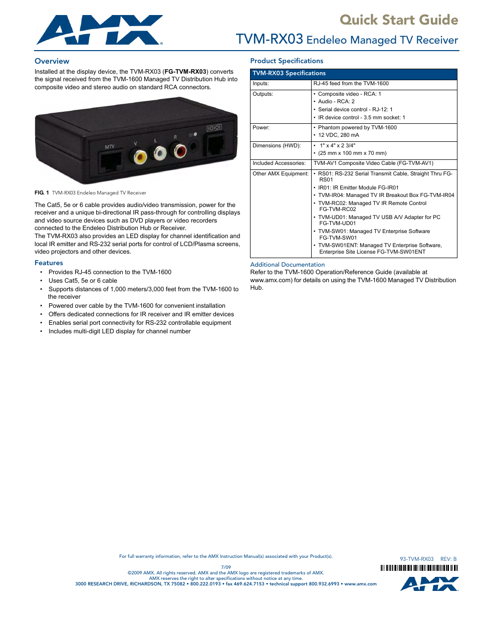 AMX TVM-RX03 User Manual | 1 page