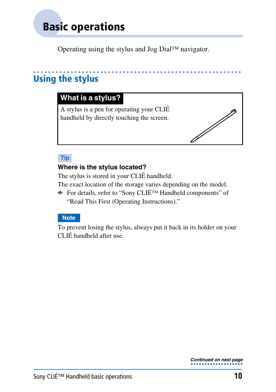 Basic operations, Using the stylus | Sony PEG-NX70V User Manual | Page 10 / 176