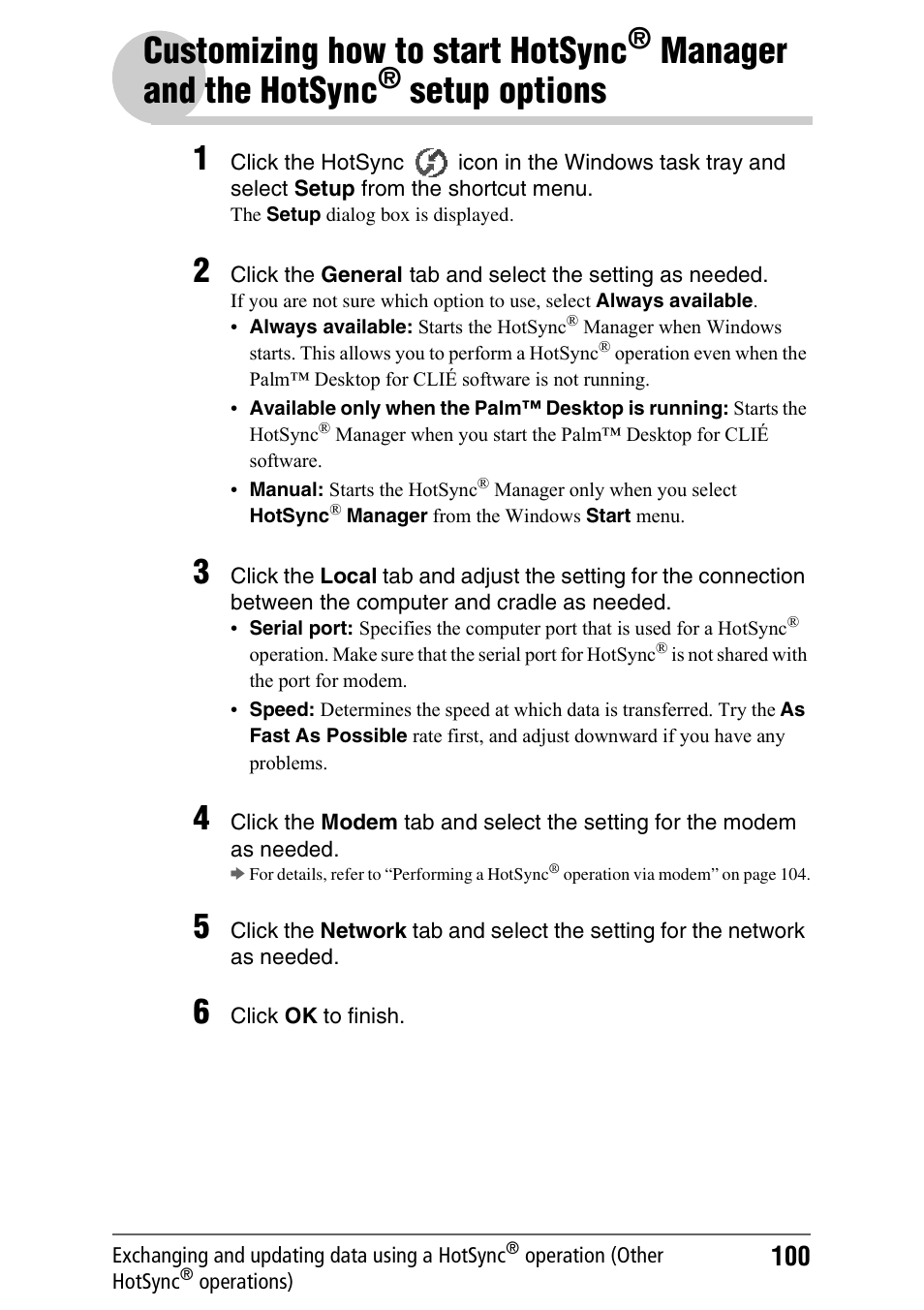 Customizing how to start hotsync, Manager and the hotsync, Setup | Options, Manager and, The hotsync, Setup options | Sony PEG-NX70V User Manual | Page 100 / 176