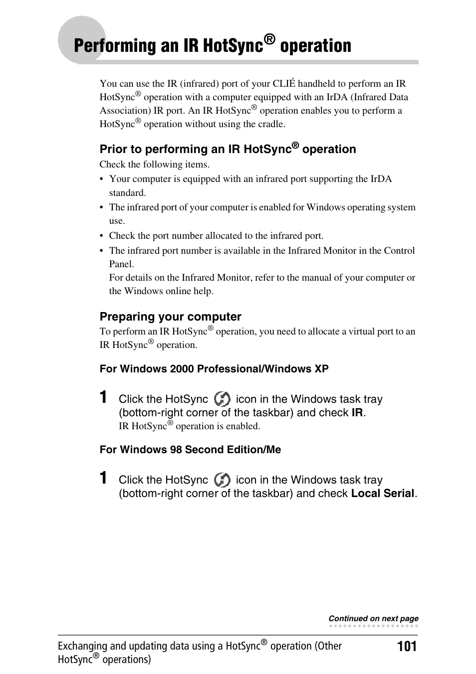 Performing an ir hotsync® operation, Performing an ir hotsync, Operation | Sony PEG-NX70V User Manual | Page 101 / 176