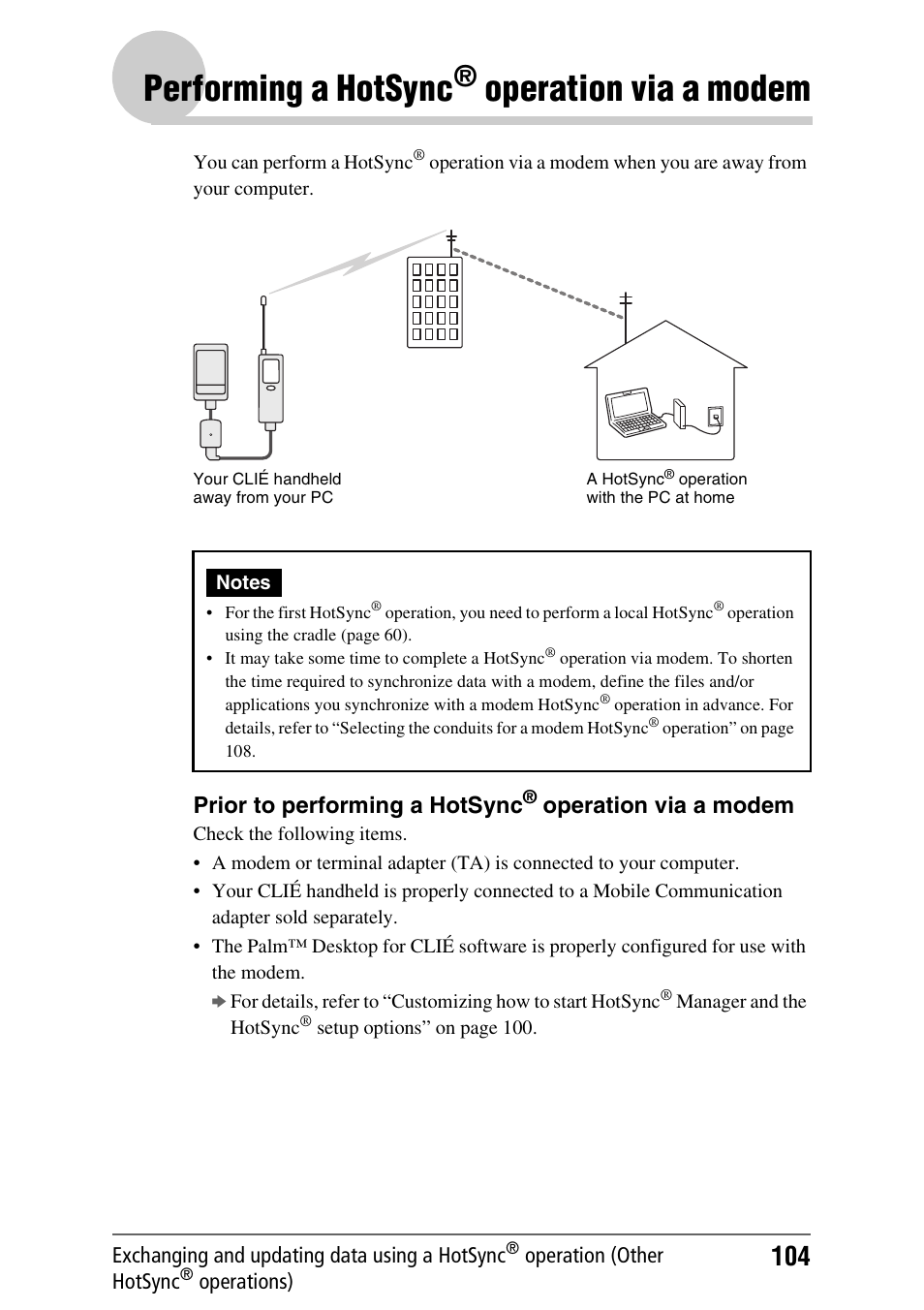 Performing a hotsync® operation via a modem, Performing a hotsync, Operation via a | Modem, Operation via, A modem, Operation via a modem, Prior to performing a hotsync | Sony PEG-NX70V User Manual | Page 104 / 176