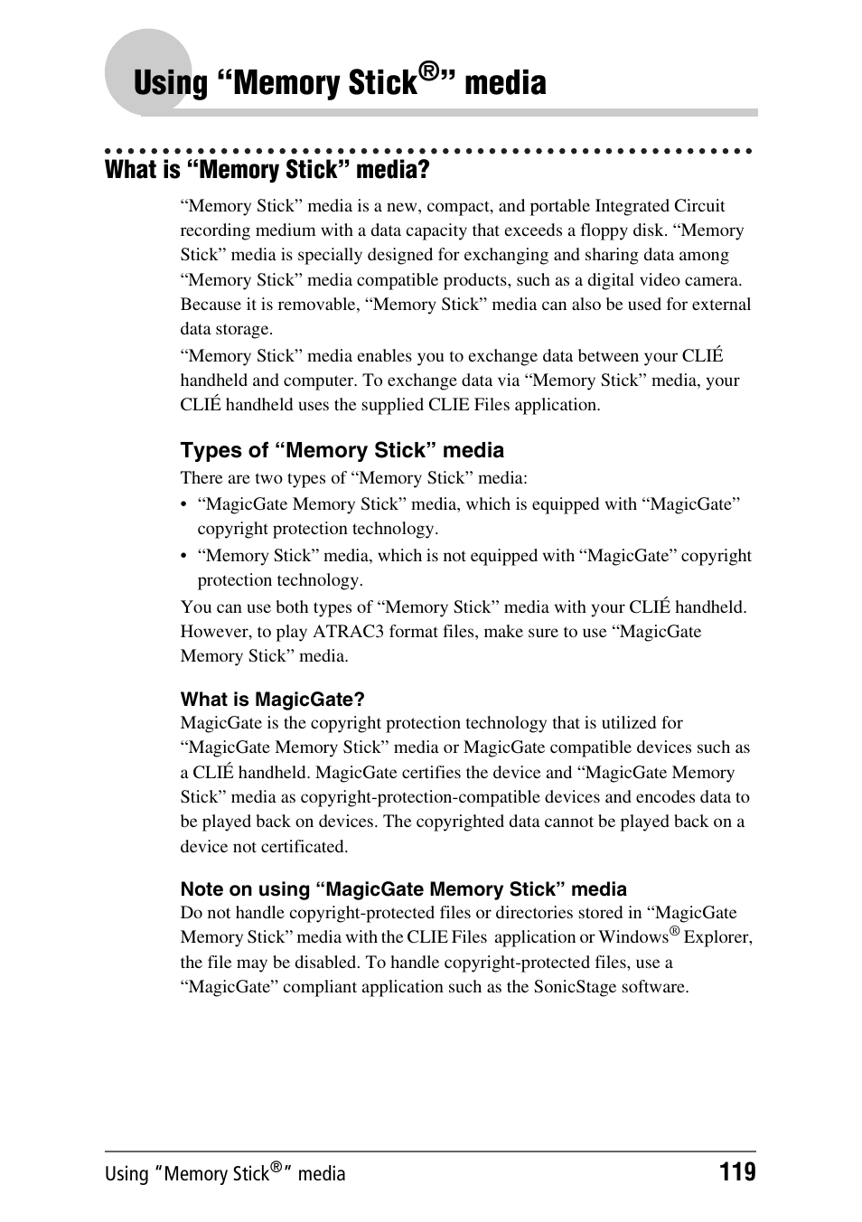 Using “memory stick®” media, What is “memory stick” media, Using “memory stick | Media | Sony PEG-NX70V User Manual | Page 119 / 176