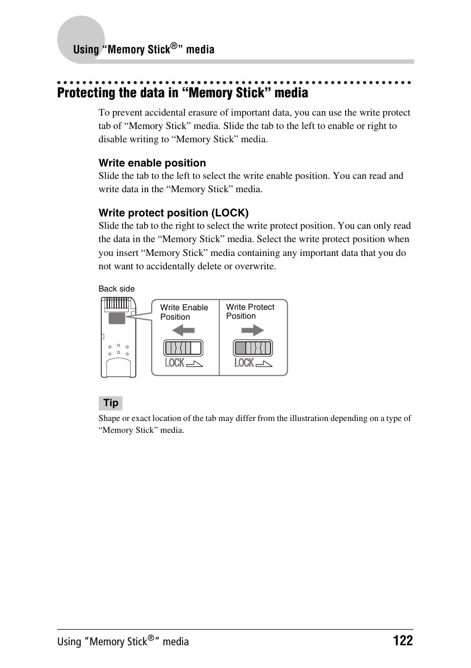 Protecting the data in “memory stick” media | Sony PEG-NX70V User Manual | Page 122 / 176