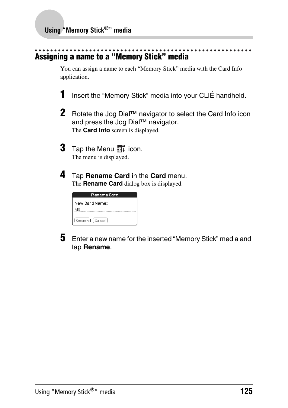 Assigning a name to a “memory stick” media | Sony PEG-NX70V User Manual | Page 125 / 176