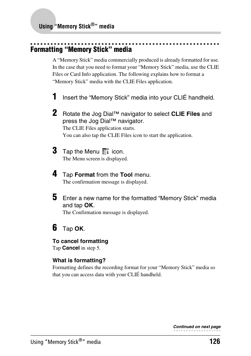 Formatting “memory stick” media | Sony PEG-NX70V User Manual | Page 126 / 176