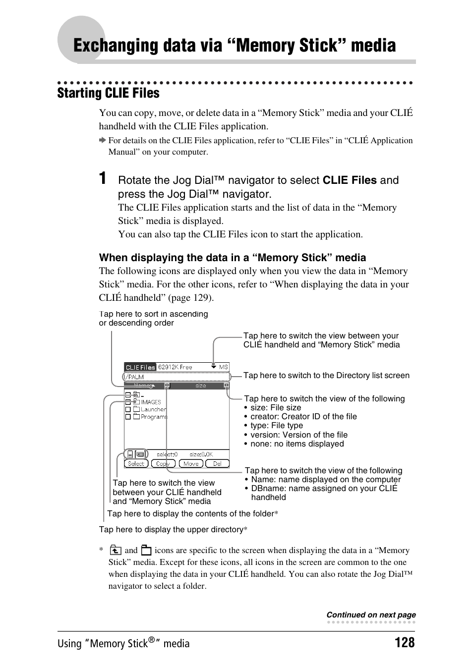 Exchanging data via “memory stick” media, Starting clie files | Sony PEG-NX70V User Manual | Page 128 / 176