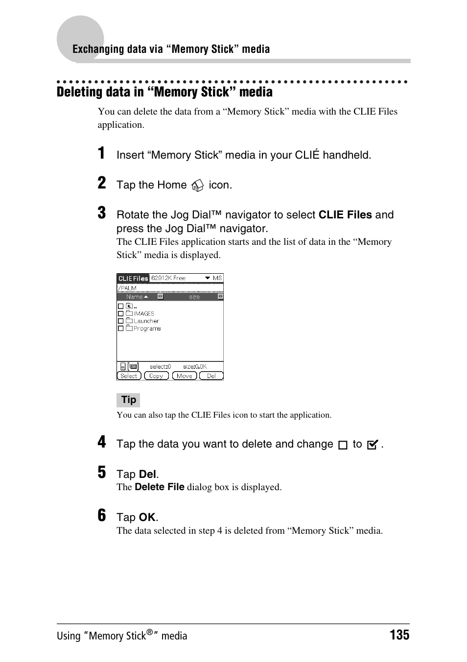 Deleting data in “memory stick” media | Sony PEG-NX70V User Manual | Page 135 / 176