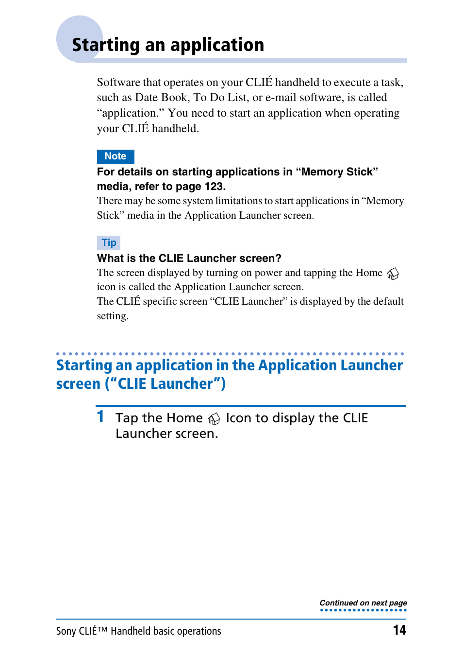 Starting an application | Sony PEG-NX70V User Manual | Page 14 / 176