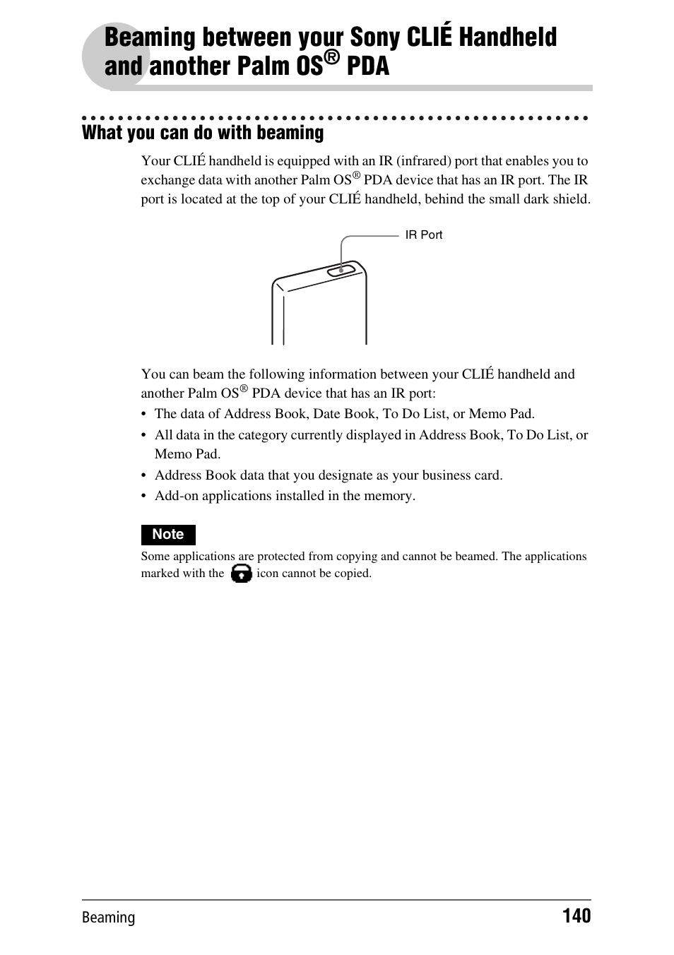 What you can do with beaming, Ge 140), Age 140) | Beaming between your sony clié handheld and, Another palm os | Sony PEG-NX70V User Manual | Page 140 / 176