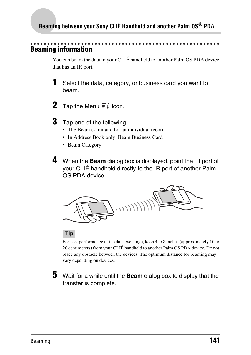 Beaming information | Sony PEG-NX70V User Manual | Page 141 / 176