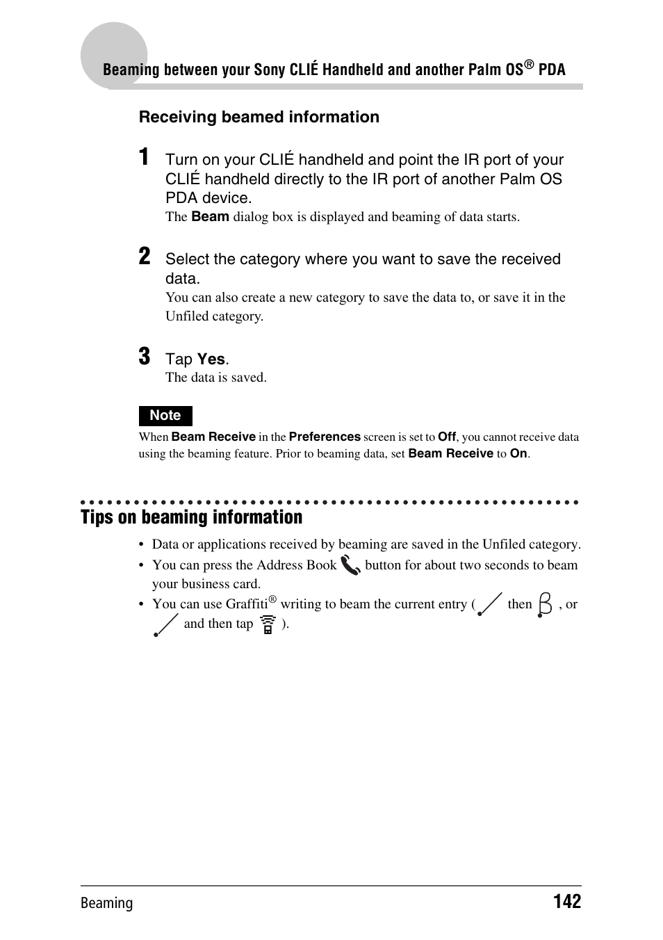 Tips on beaming information | Sony PEG-NX70V User Manual | Page 142 / 176