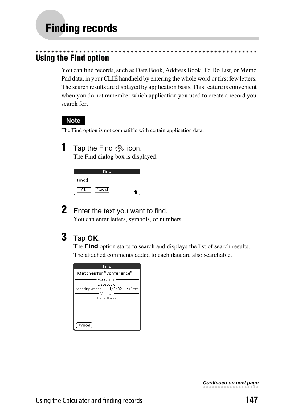 Finding records, Using the find option | Sony PEG-NX70V User Manual | Page 147 / 176