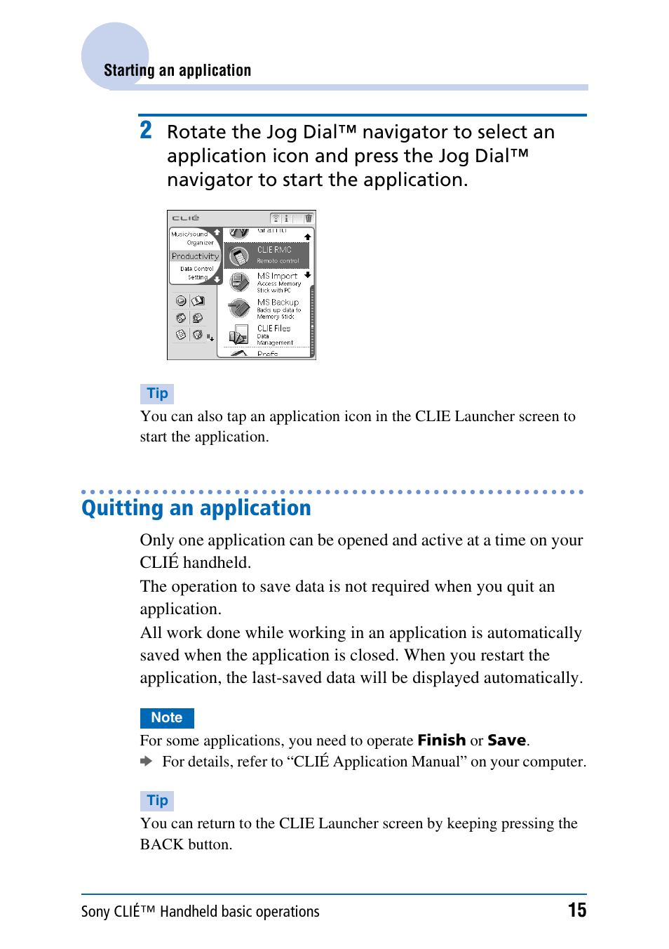 Quitting an application | Sony PEG-NX70V User Manual | Page 15 / 176