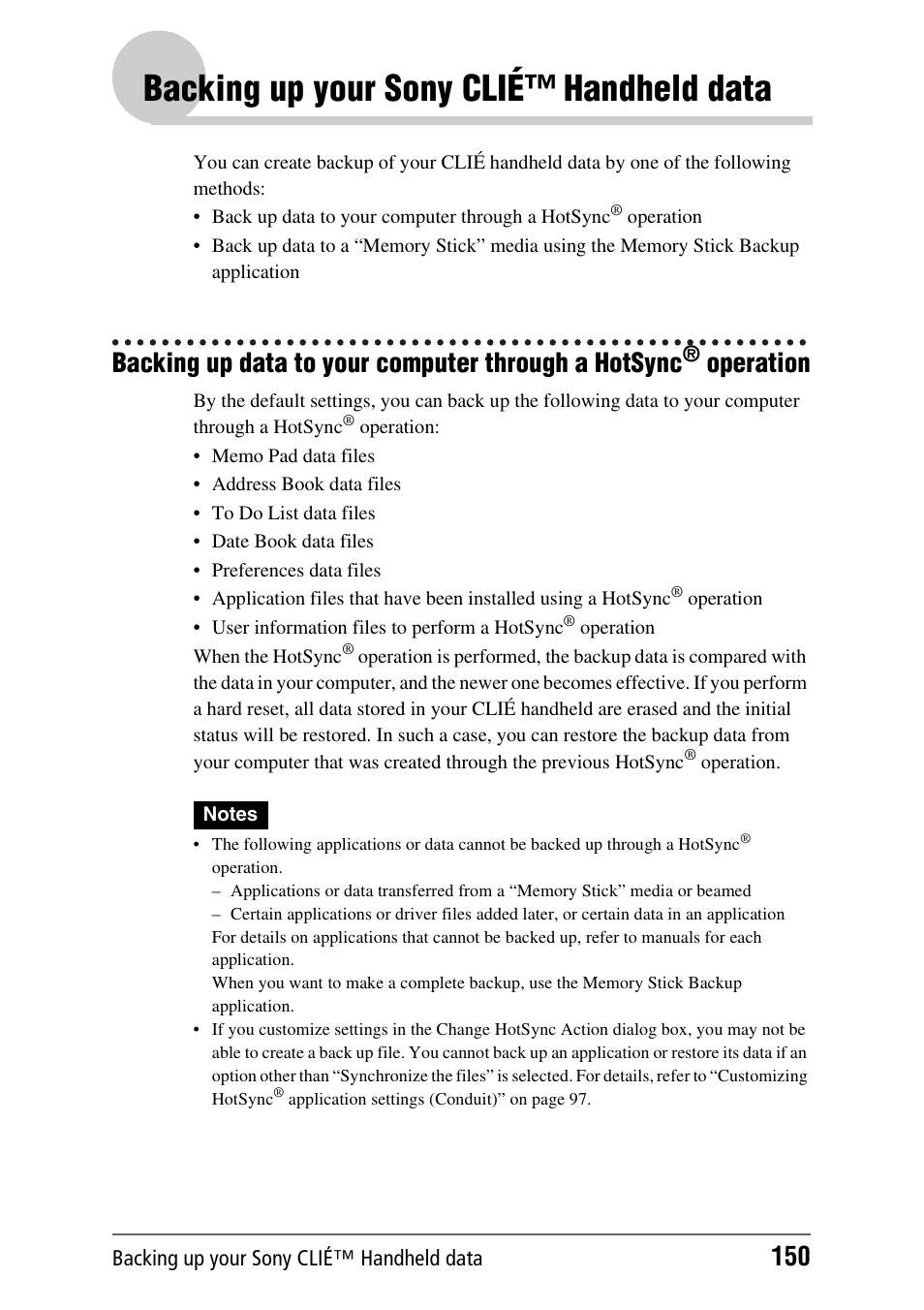 Backing up your sony clié™ handheld data, Backing up data to your computer through a hotsync, Operation | Sony PEG-NX70V User Manual | Page 150 / 176