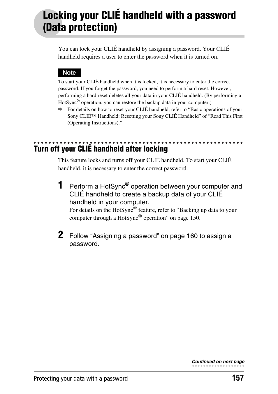 Turn off your clié handheld after locking, Locking your clié handheld with a password | Sony PEG-NX70V User Manual | Page 157 / 176