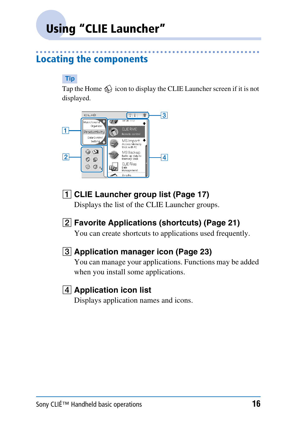 Using “clie launcher, Locating the components | Sony PEG-NX70V User Manual | Page 16 / 176