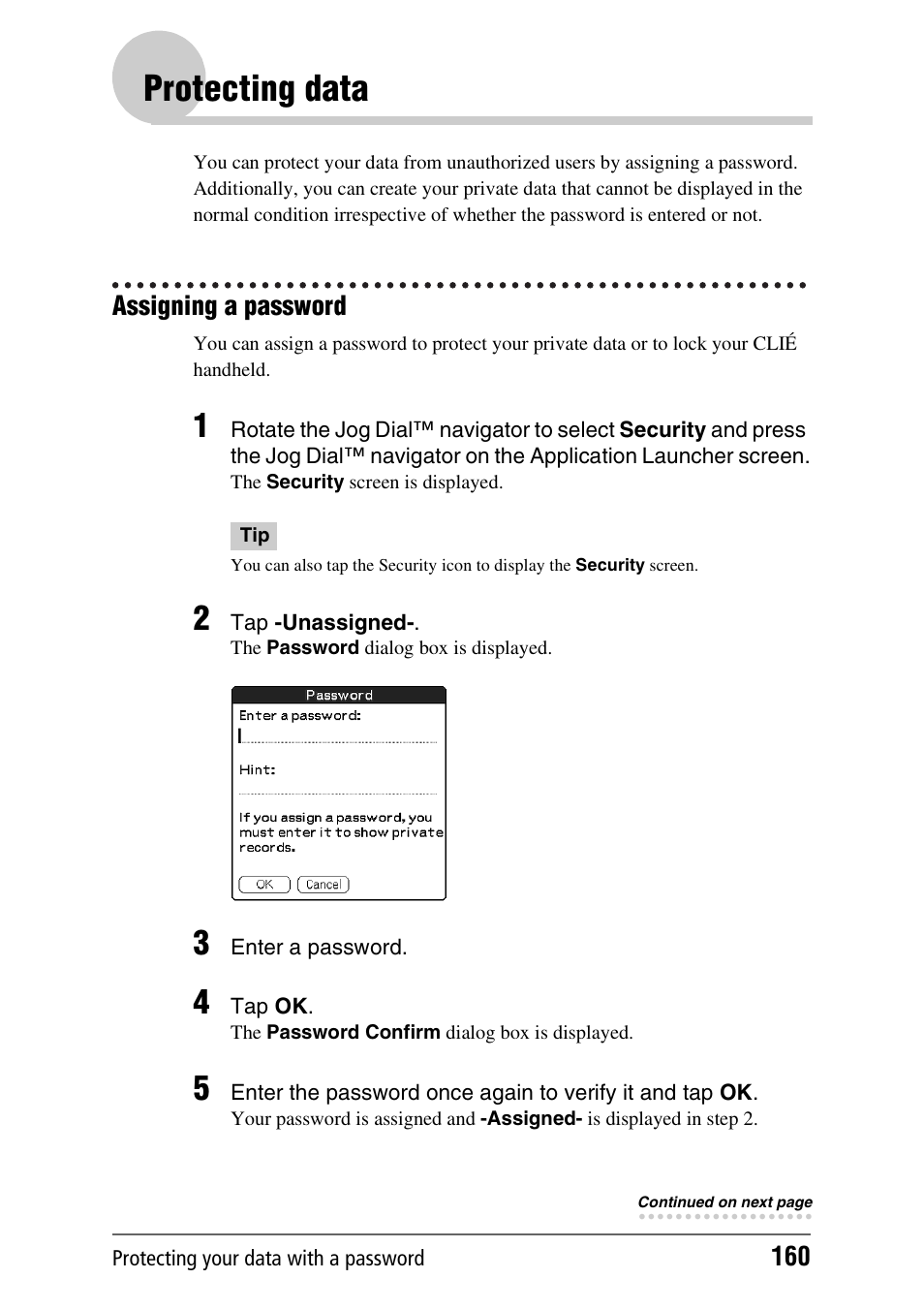 Protecting data, Assigning a password | Sony PEG-NX70V User Manual | Page 160 / 176