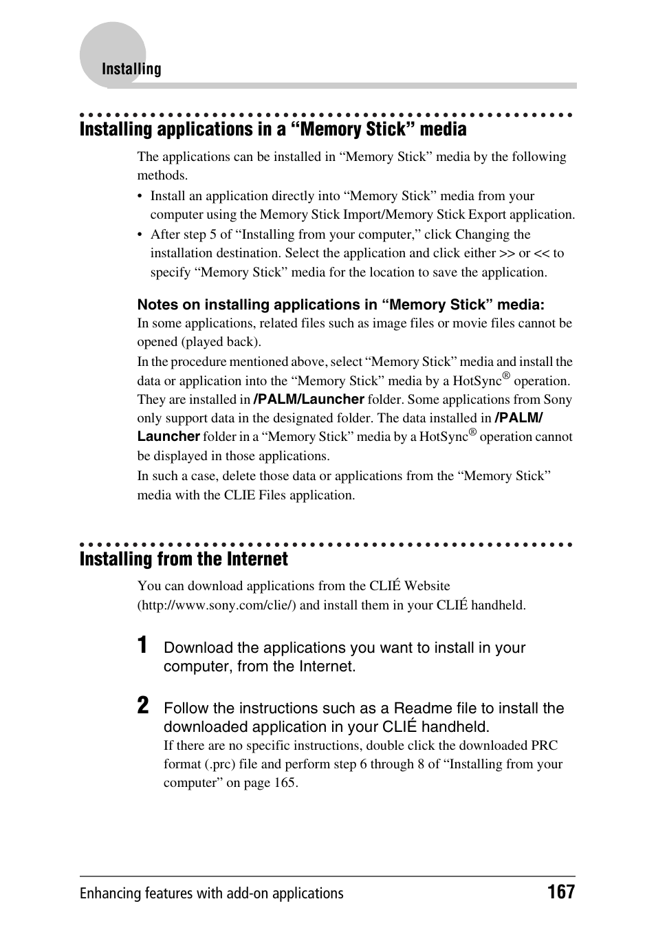 Installing applications in a “memory stick” media, Installing from the internet | Sony PEG-NX70V User Manual | Page 167 / 176