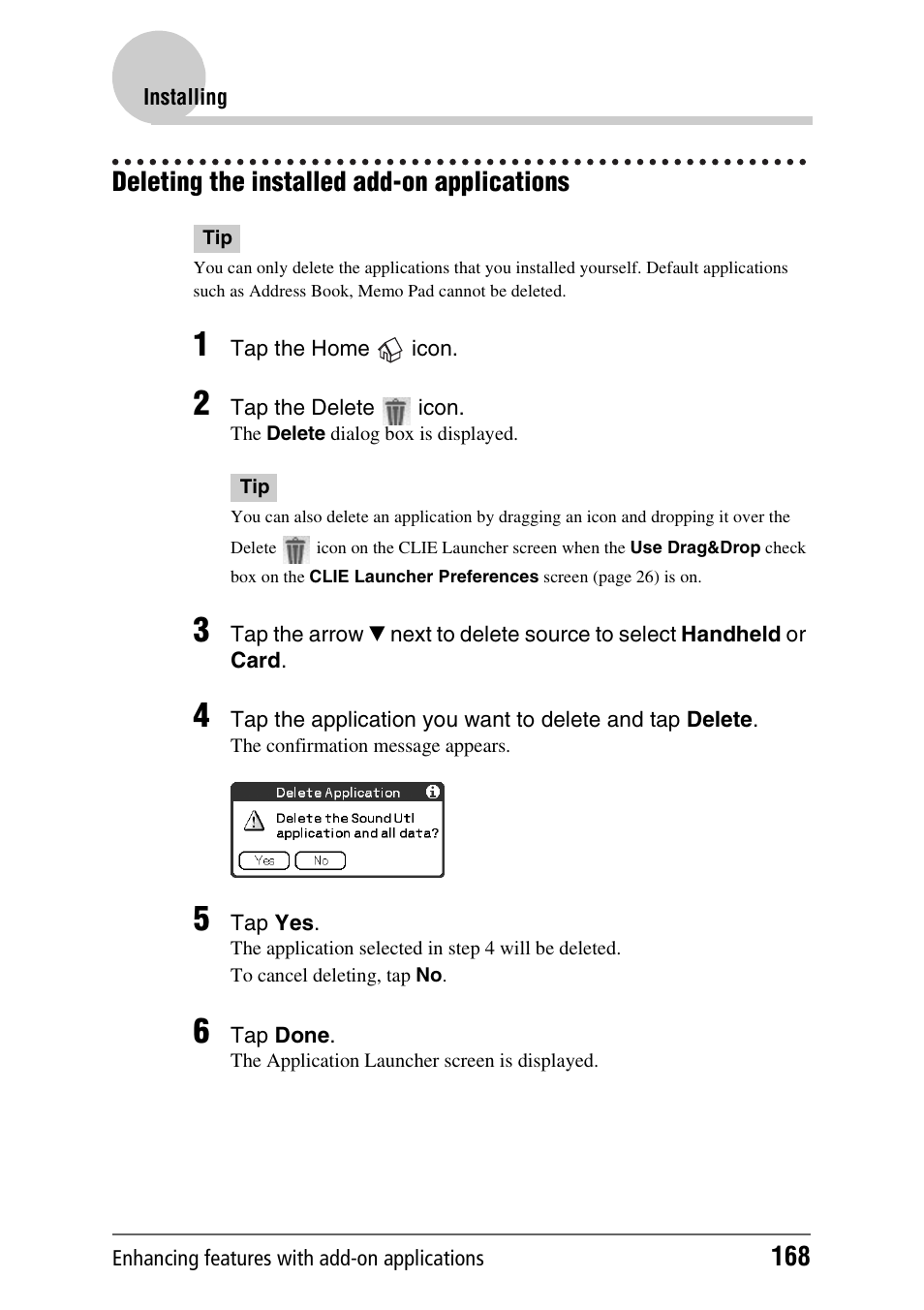 Deleting the installed add-on applications | Sony PEG-NX70V User Manual | Page 168 / 176